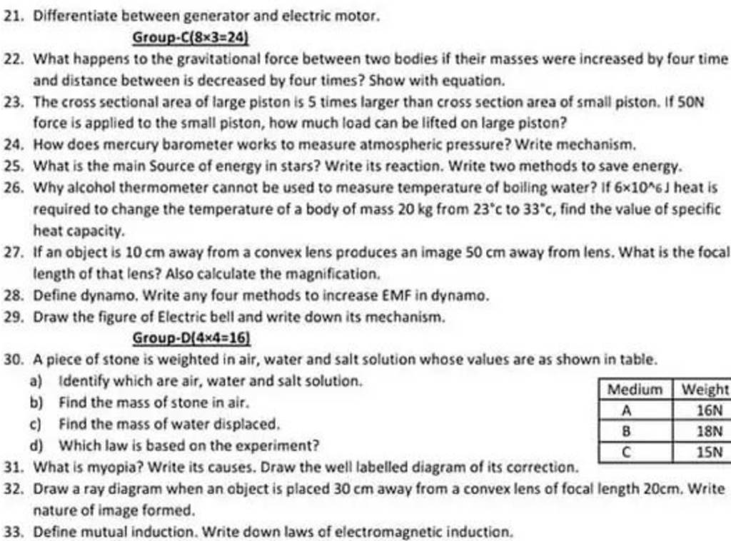 Differentiate between generator and electric motor. Group C(8×3=24) 22.