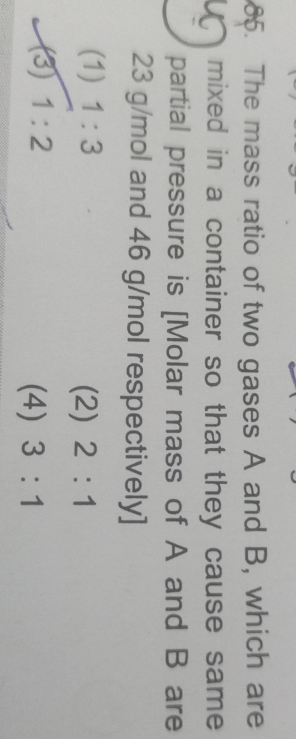 The mass ratio of two gases A and B, which are U mixed in a container so