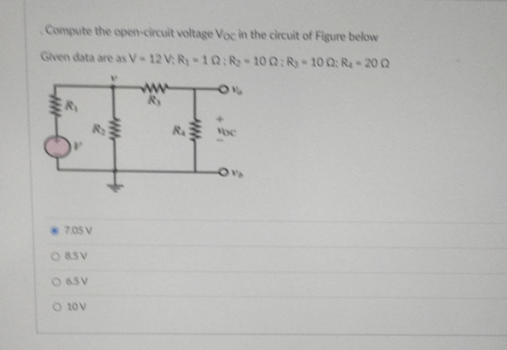 Comsute the opencircuit voltage Voc in the circuit of Figure below Give..