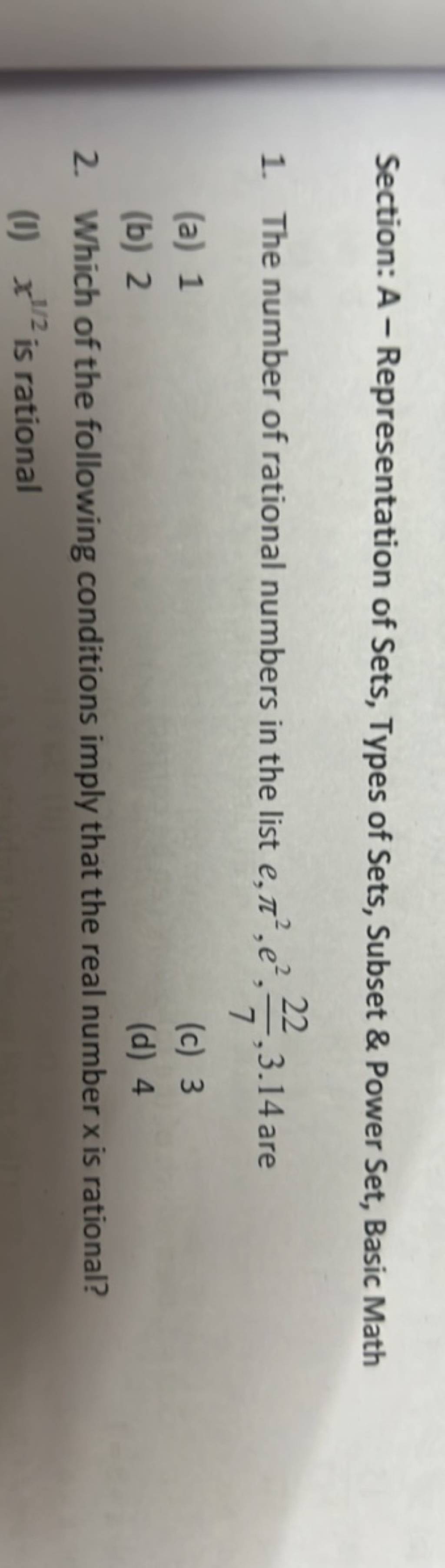 Section A Representation of Sets, Types of Sets, Subset \& Power Set,