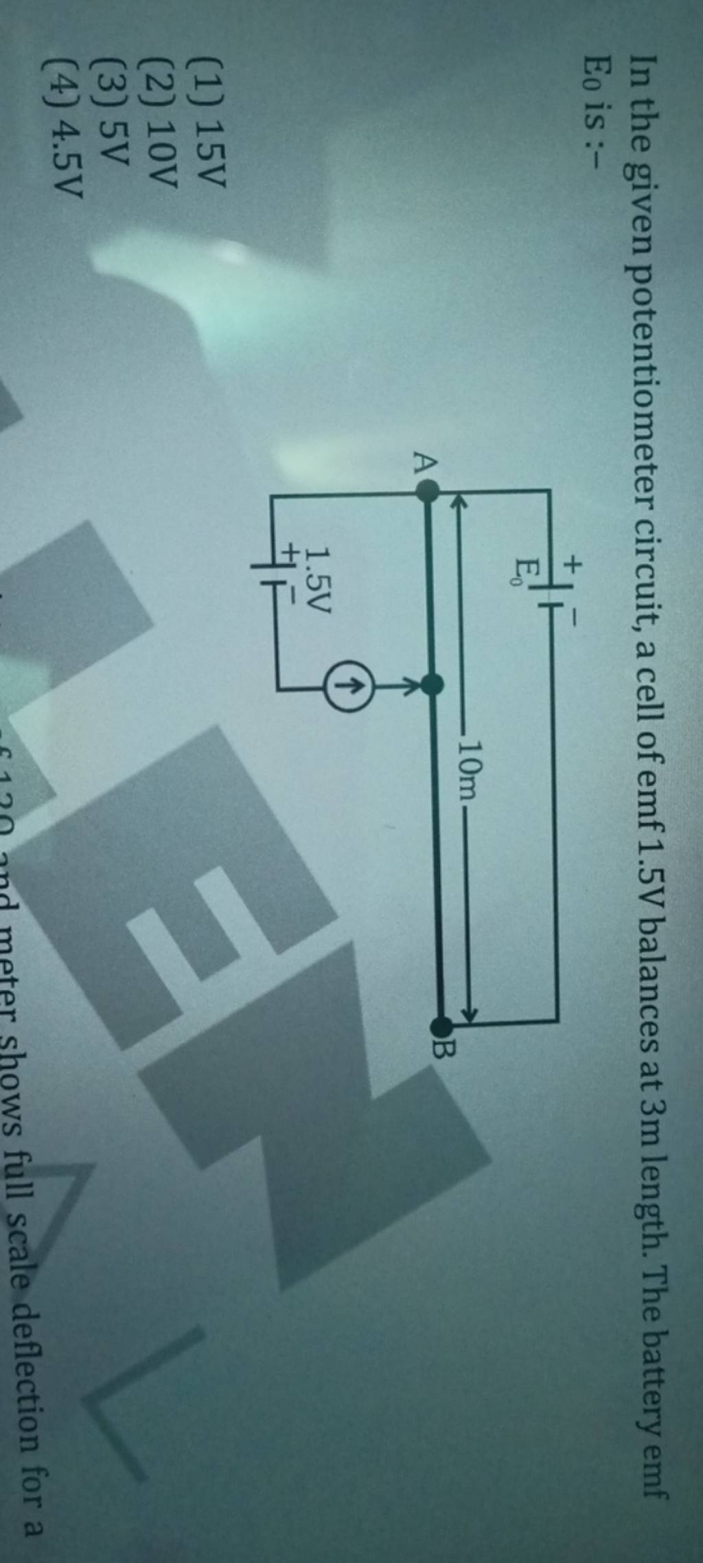In the given potentiometer circuit, a cell of emf 1.5 V balances at 3 m l..