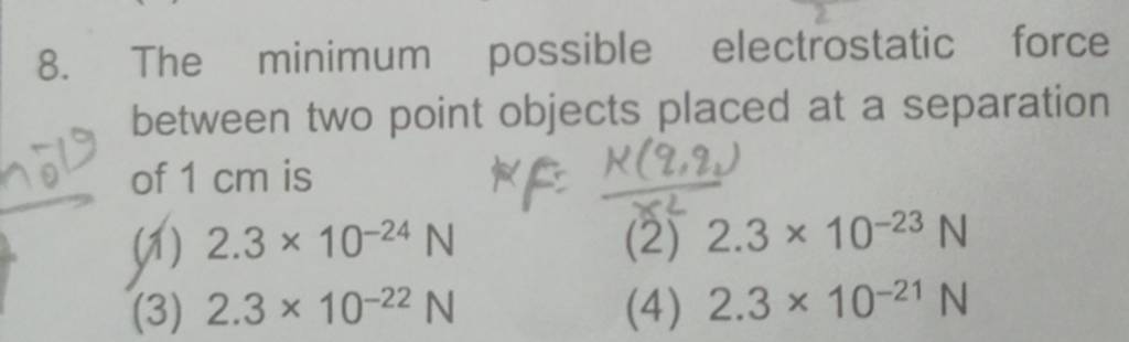 The Minimum Possible Electrostatic Force Between Two Point Objects Placed..