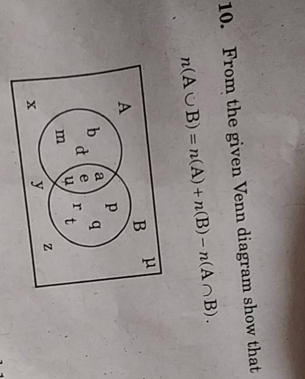 10. From The Given Venn Diagram Show That N( A∪B)=n( A)+n( B)−n( A∩B).