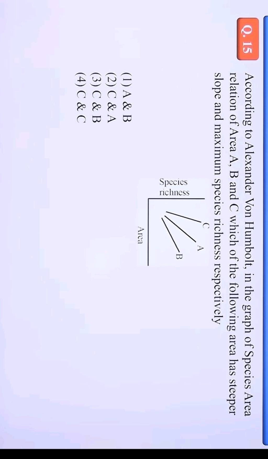 172. According Alexander Von Humbolt, in the graph of species area relation  of area A, B and C which of the following area has steeper slope and  minimum species richness respectively :