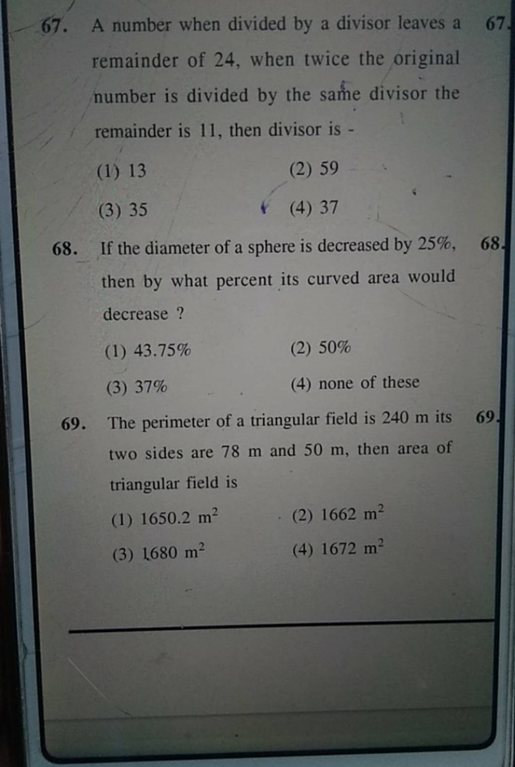 The perimeter of a triangular field is 240 m its 69 . two sides are 78 m