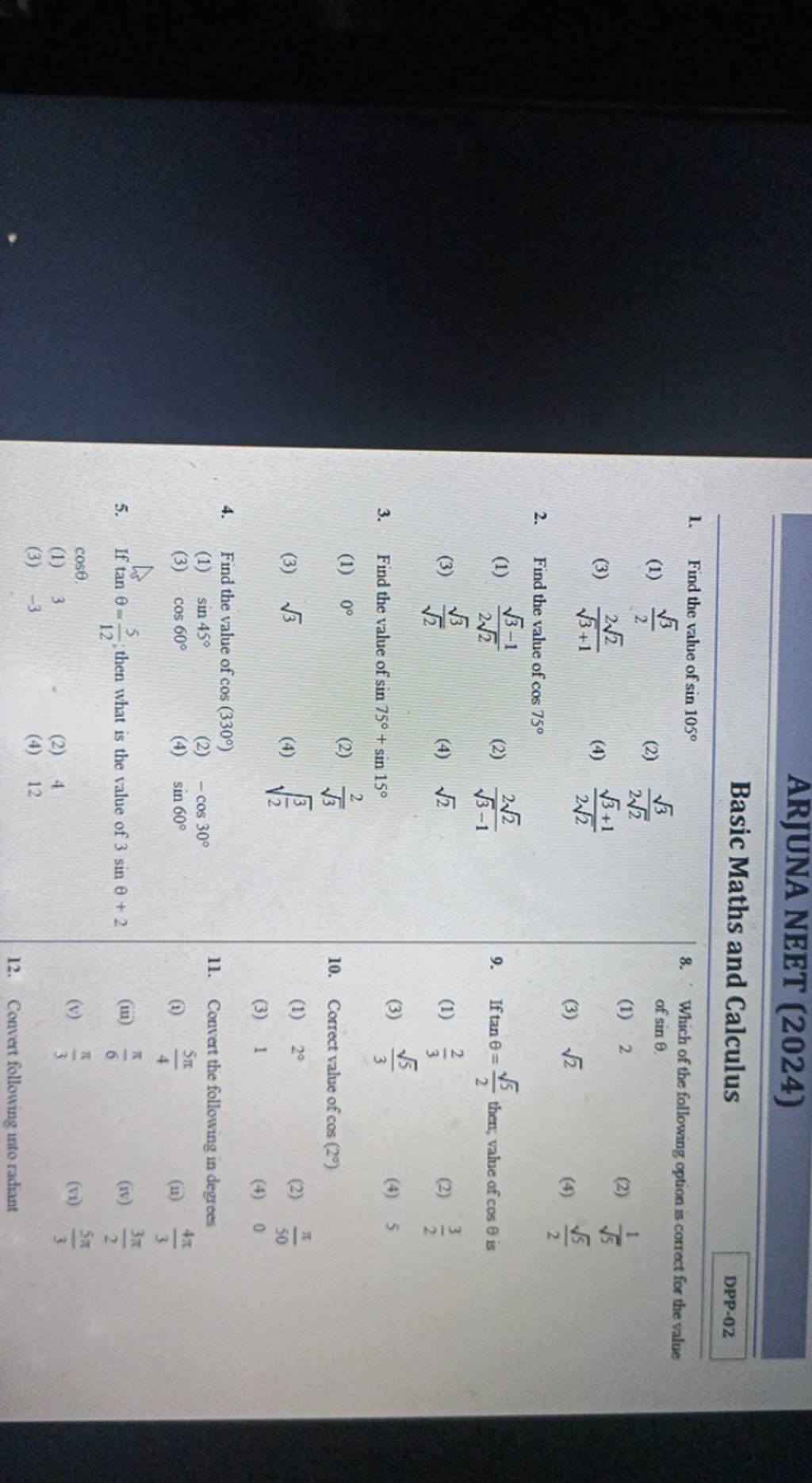 ARJUNA NEET 2024 Basic Maths And Calculus 1 Find The Value Of Sin105 