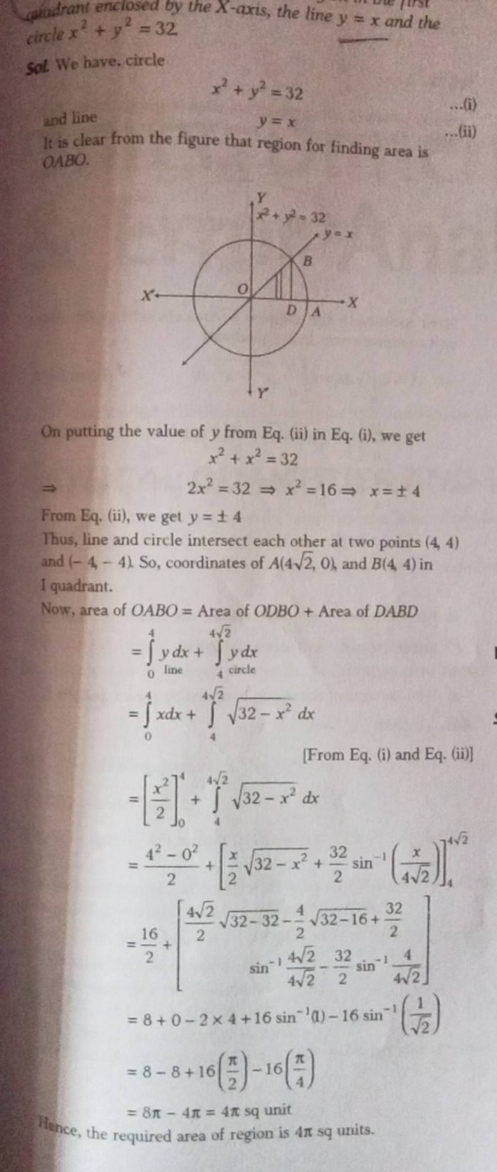 gpudrant-enciosed-by-the-x-axis-the-line-y-x-and-the-circle-x2-y2-32-sol