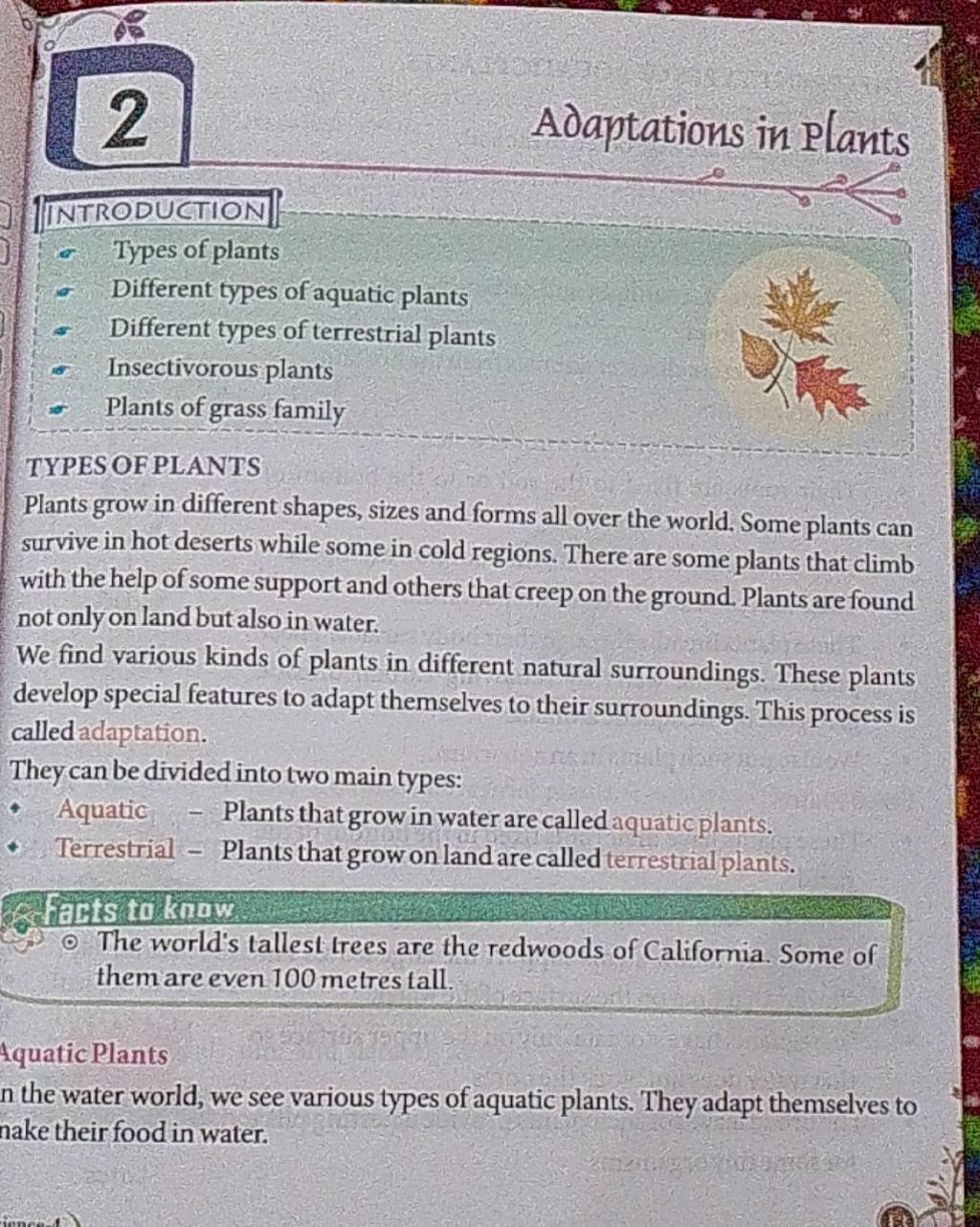 Adaptations in Plants INTRODUCTION Types of plants Different types of aqu..