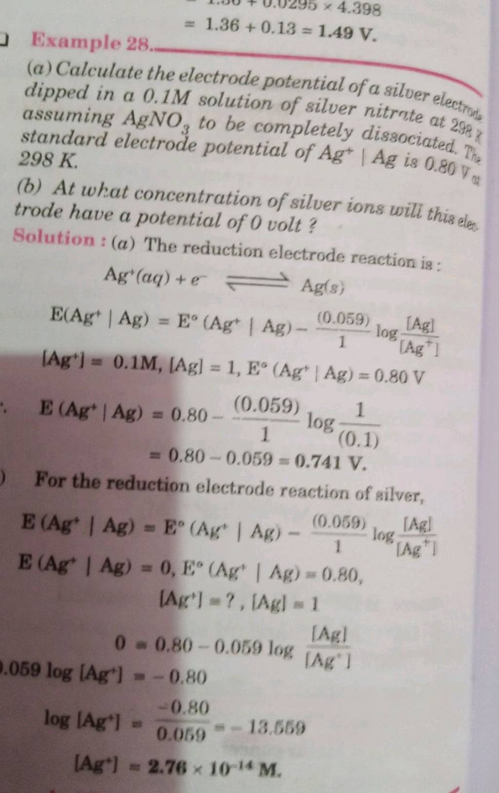Example 28. (a) Calculate the electrode potential of a silver electrote d..