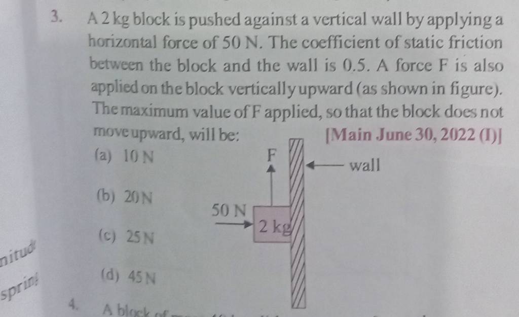 A 2 kg block is pushed against a vertical wall by applying a horizontal f..