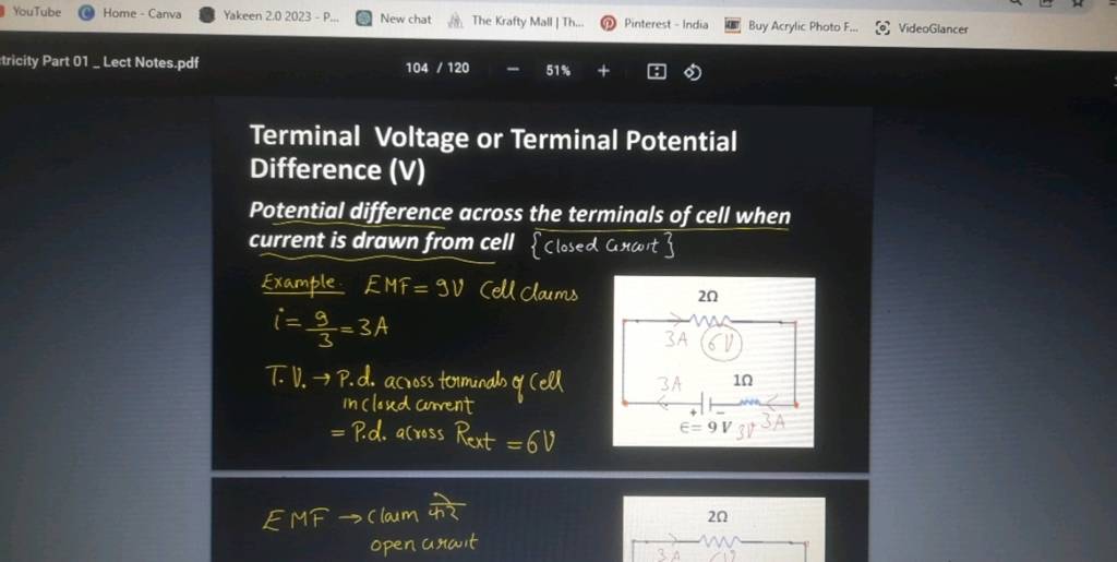 Terminal Voltage or Terminal Potential Difference (V) Filo
