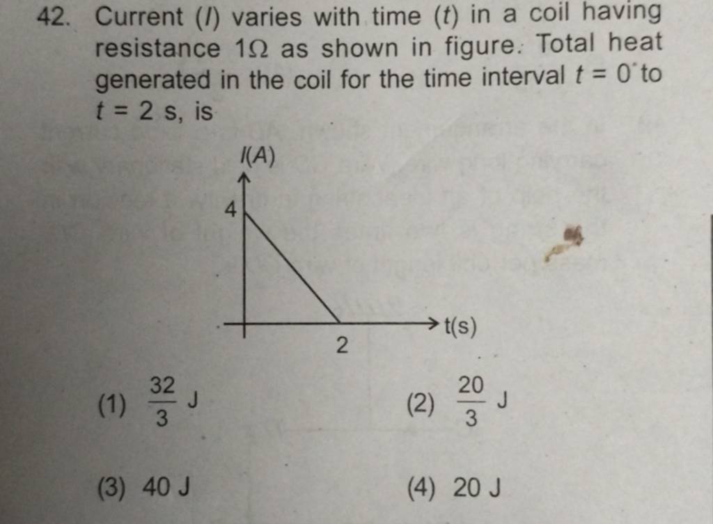 Current (I) varies with time (t) in a coil having resistance 1Ω as shown