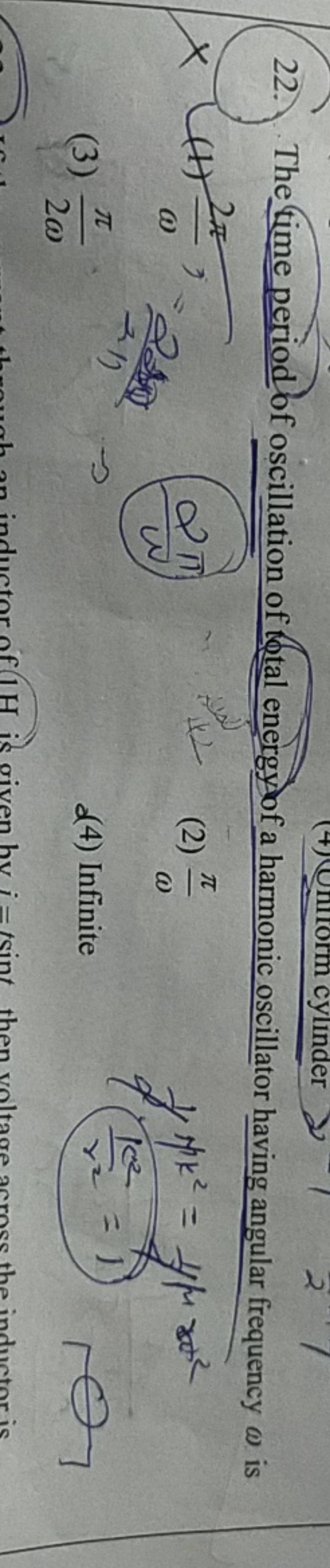 The time period of oscillation of total energy of a harmonic oscillator h..