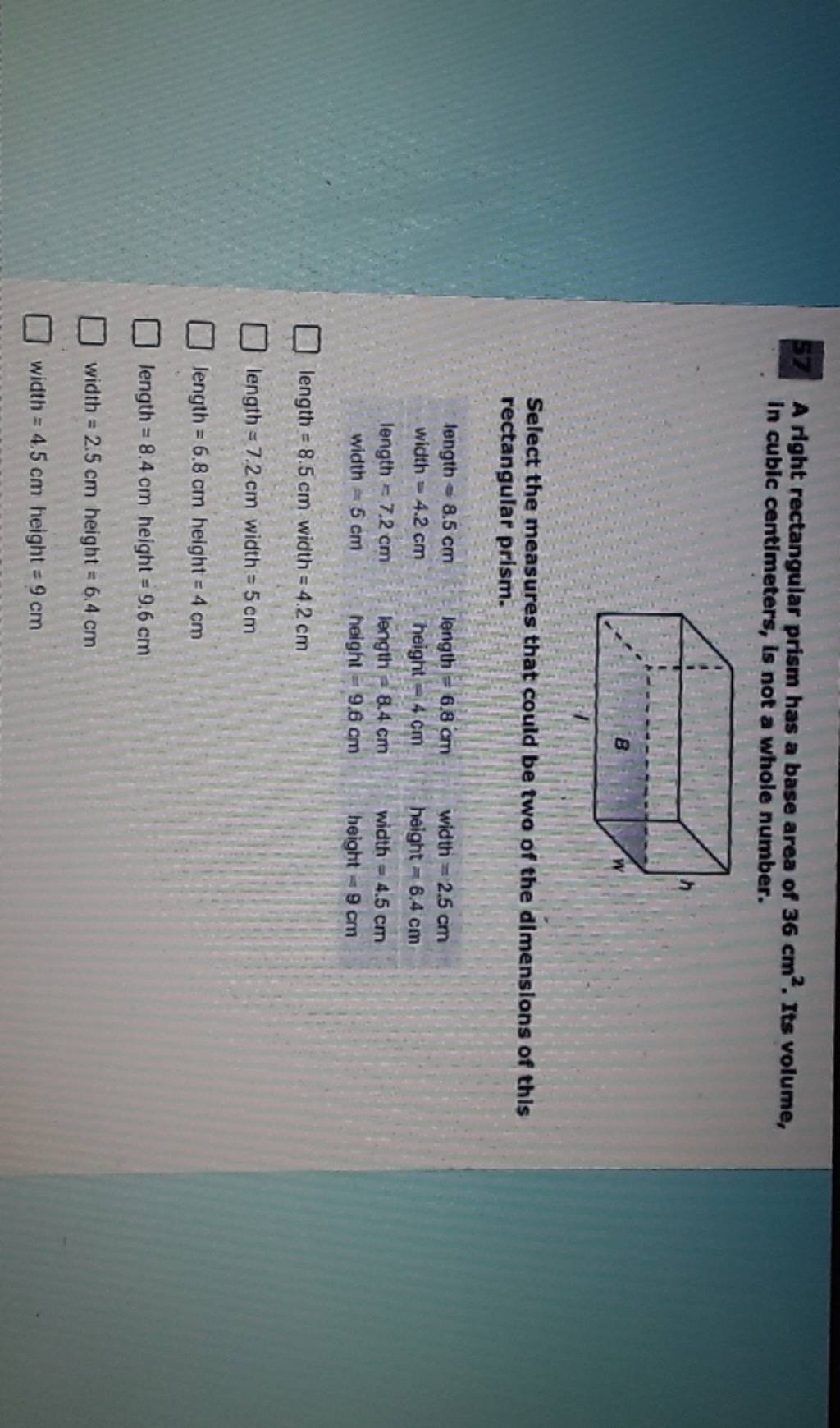 the base of a right rectangular prism has an area