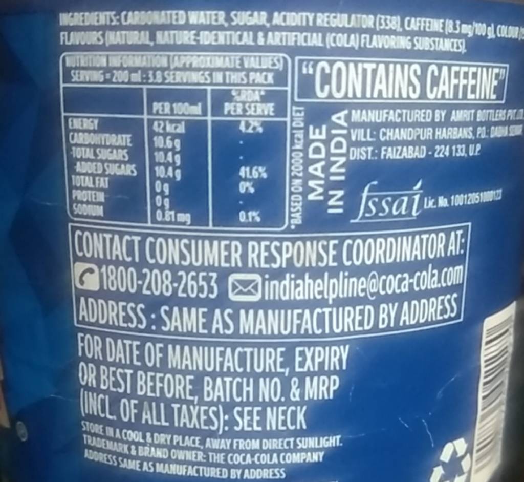 INGREDIENTS CARBONATED WATER, SUGAR, ACIDITY REGULATOR (338), CAFFEINE