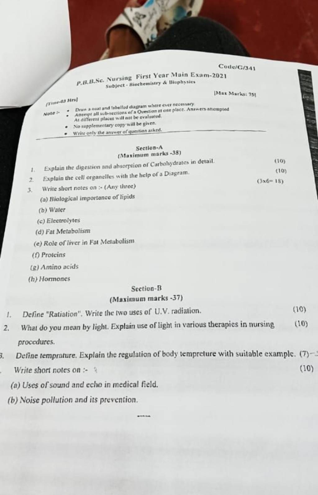 Code/G/341 P.B.B.Sc. Nursing First Year Muin Exam-2021 Subject-Biechemiat..