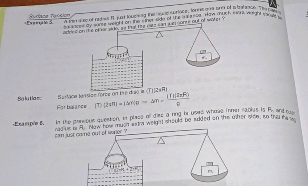 Surface Tension Example 5. A thin disc of radius R, just touching the liq..