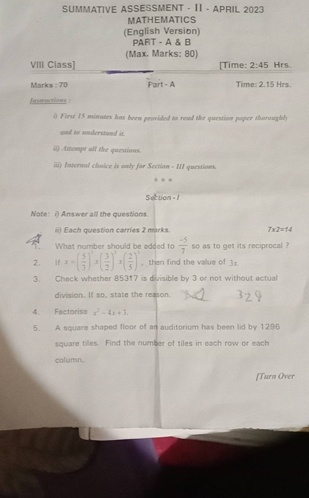 SUMMATIVE ASSESSMENT - II - APRIL 2023 MATHEMATICS (English Version) PAFT..