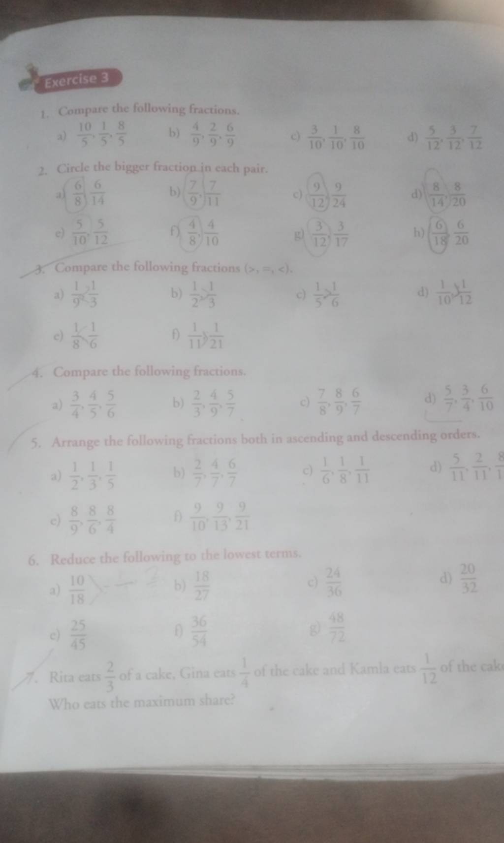 Exercise 3 1 Compare The Following Fractions Filo