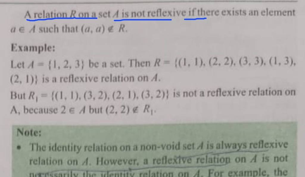 A relation R an a set A is not reflexive if there exists an element a∈A s..