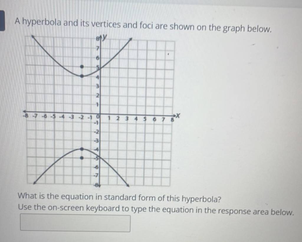 A hyperbola and its vertices and foci are shown on the graph below. What