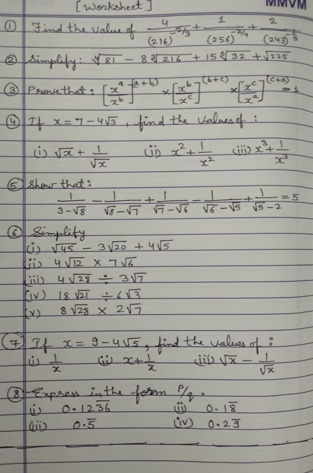 [Worksheet] (1) Find the value of (216)−2/34 +(256)−3/41 +(243)−51 2 (2)..