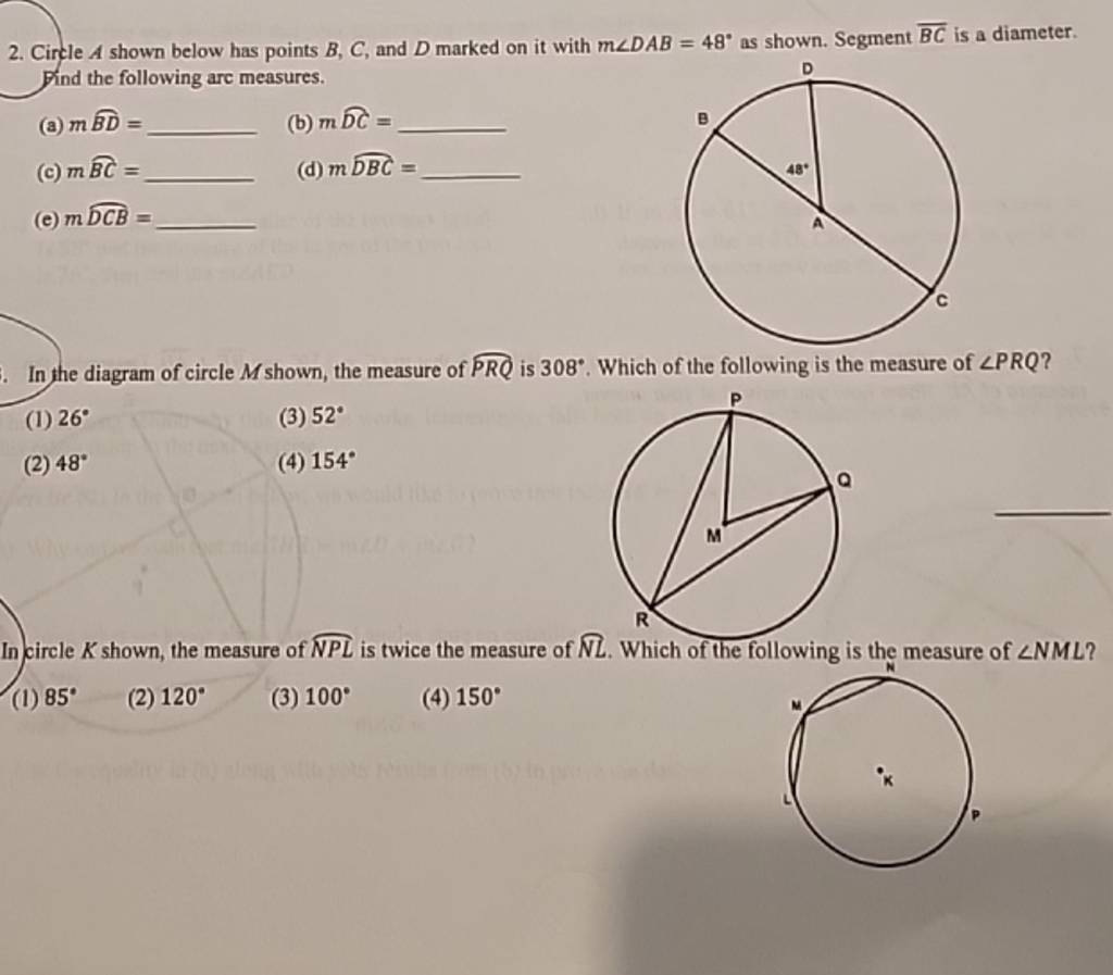 Circle A Shown Below Has Points Bc And D Marked On It With M∠dab48∘ As 4437