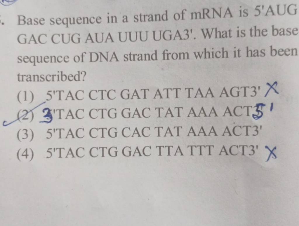 Base sequence in a strand of mRNA is 5′AUG GAC CUG AUA UUU UGA3'. What is..