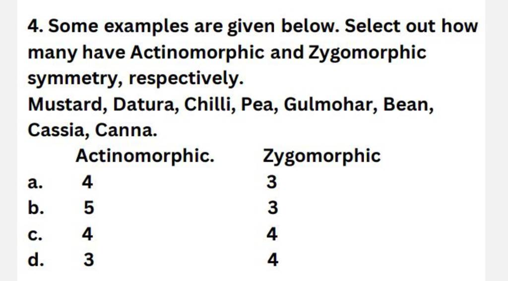 Some examples are given below. Select out how many have Actinomorphic and..