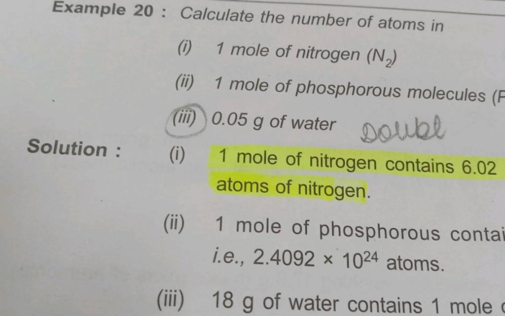 Example 20: Calculate the number of atoms in (i) 1 mole of nitrogen (N2 )..