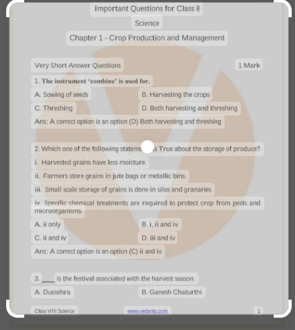 Important Questions for Class 8 Science Chapter 1 Crop Production and M..