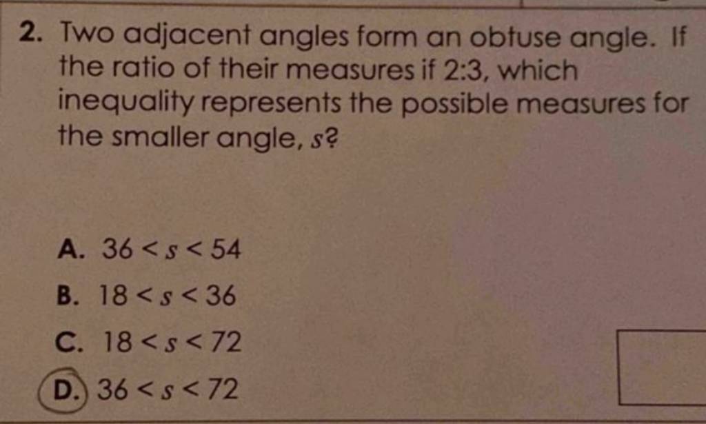 Two adjacent angles form an obtuse angle. If the ratio of their measur