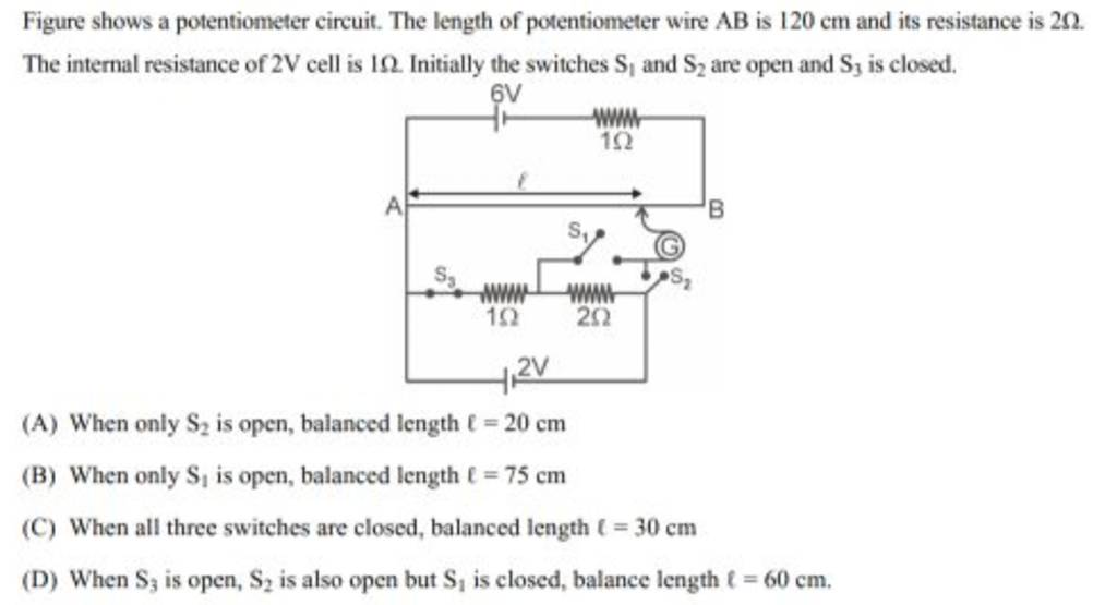 Figure shows a potentiometer circuit. The length of potentiometer wire AB..