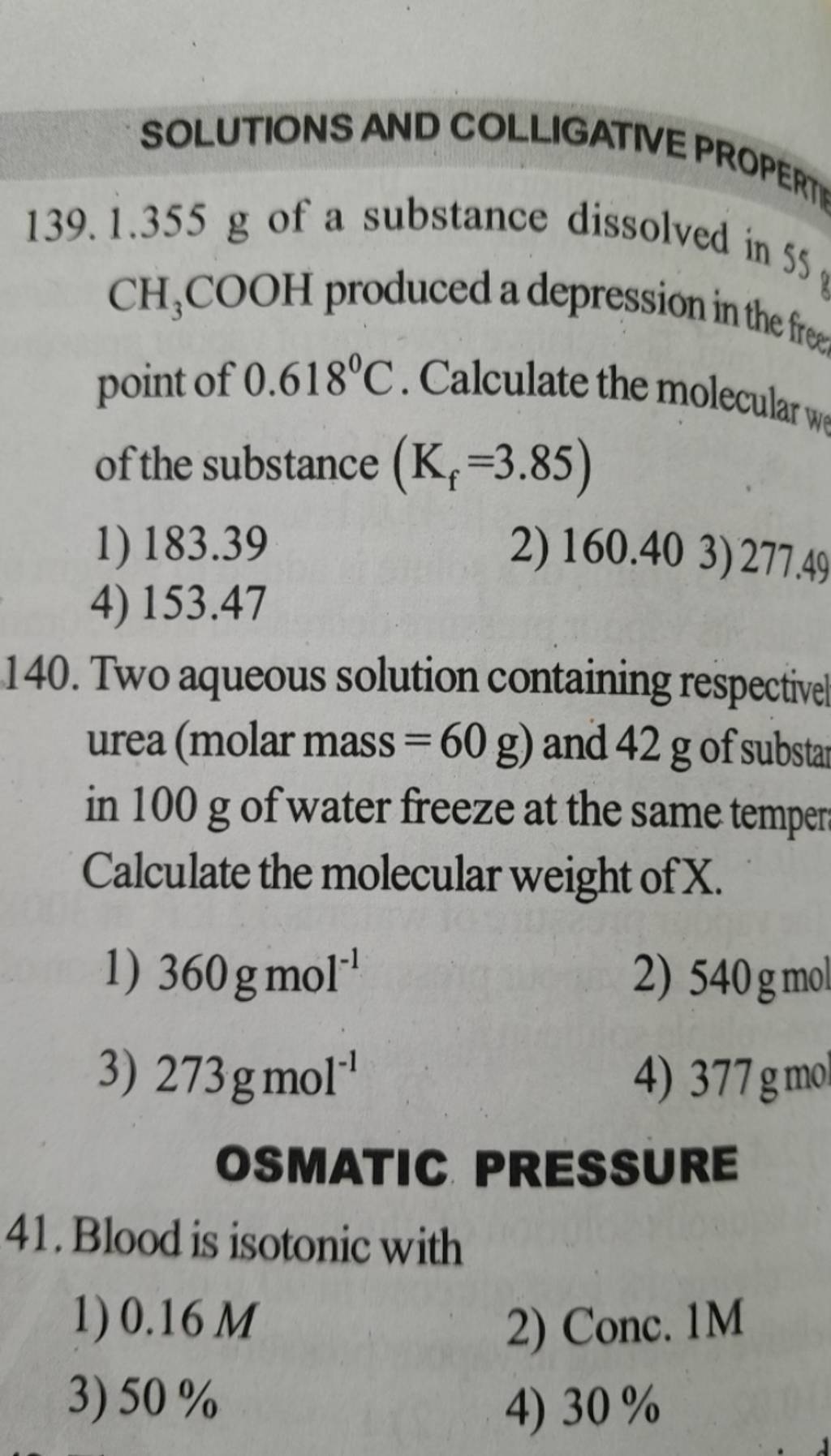 Two Aqueous Solution Containing Respectivel Urea Molar Mass 60 G And 4