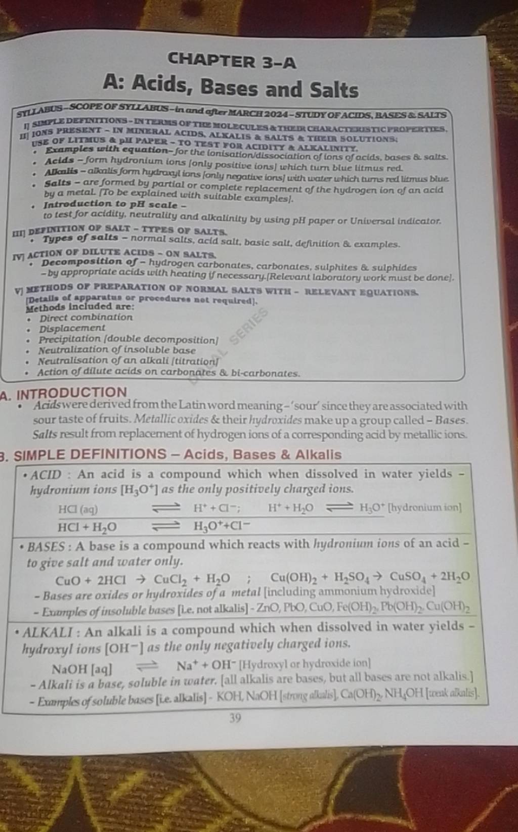 CHAPTER 3A A Acids, Bases and Salts Examples with equationfor the loni..