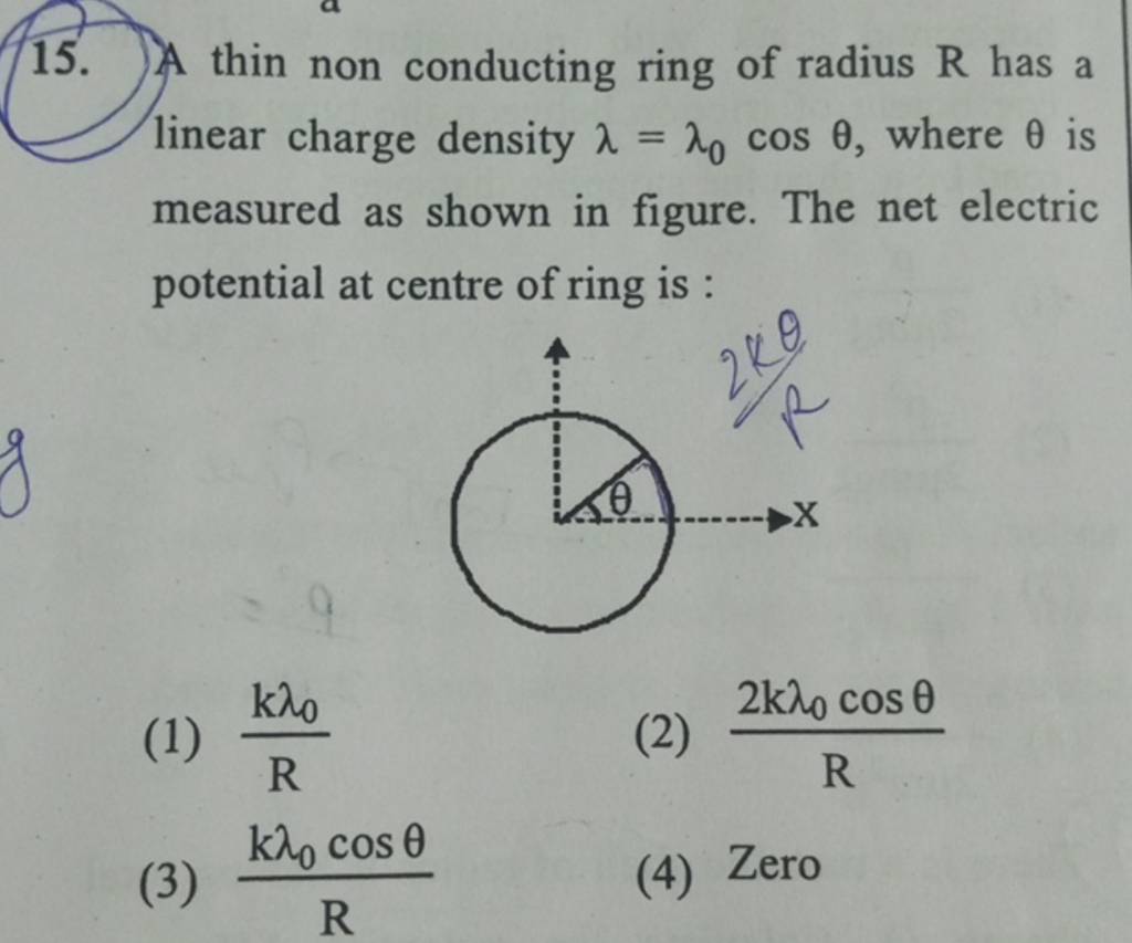 A thin non conducting ring of radius R has a linear charge density λ=λ0 c..