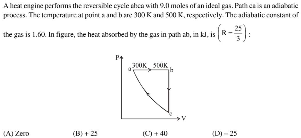 A heat engine performs the reversible cycle abca with 9.0 moles of an ide..