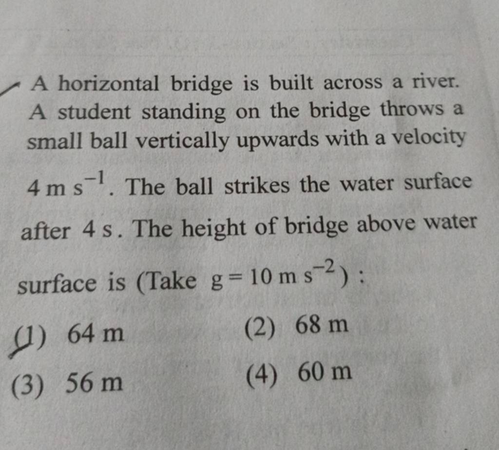 A horizontal bridge is built across a river. A student standing on the br..