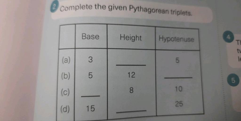 (2) Complete the given Pythagorean triplets. BaseHeightHypotenuse(a)35(b)..