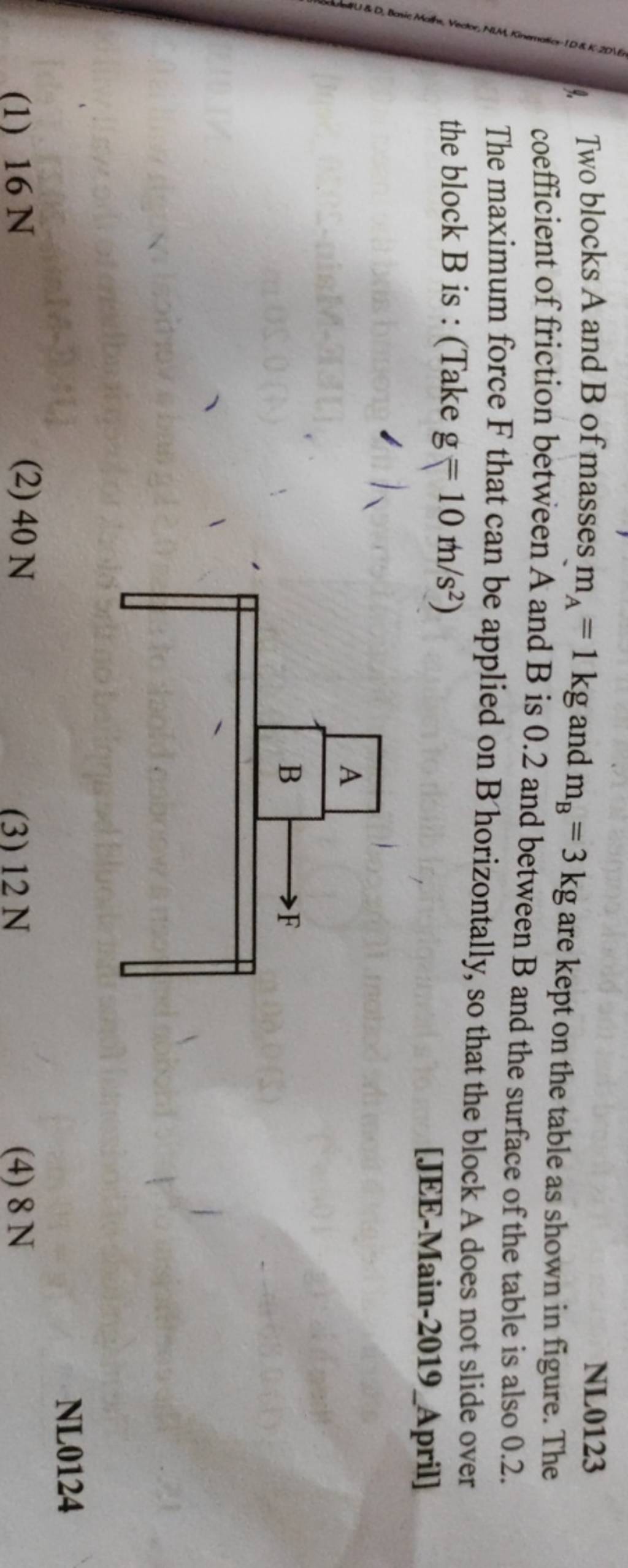 Two blocks A and B of coefficient of friction between A and B is 0.2 and