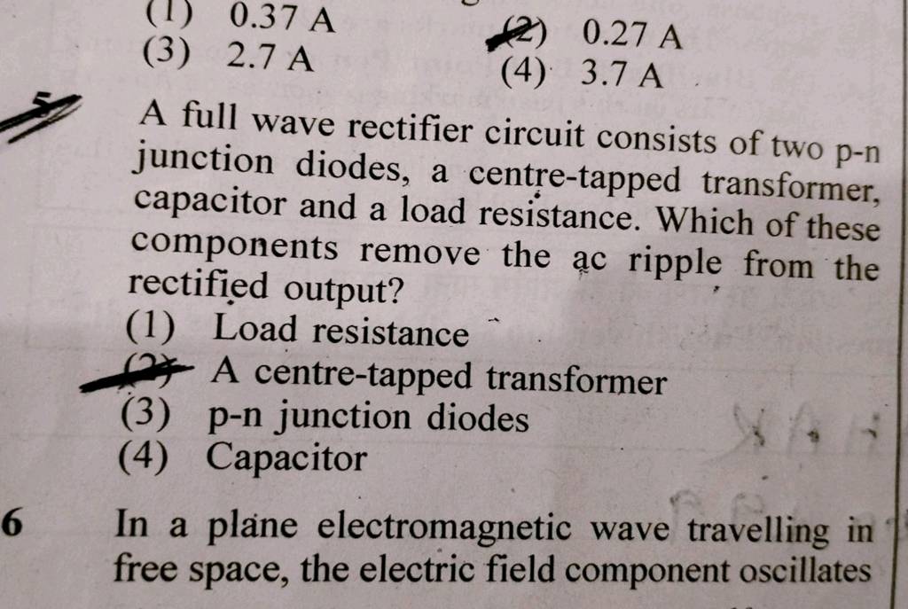 A full wave rectifier circuit consists of two pn junction diodes, a cent..