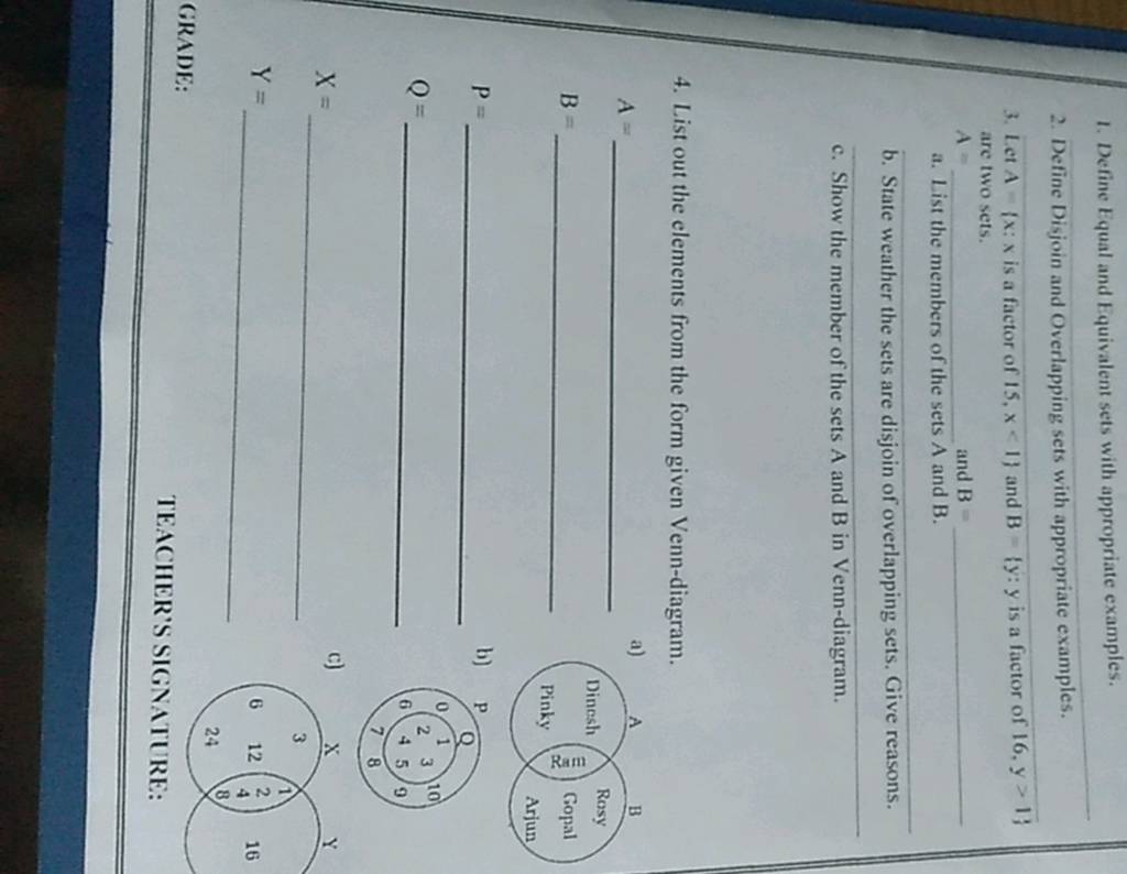 1. Define Equal and Equivalent sets with appropriate examples. 2. Define