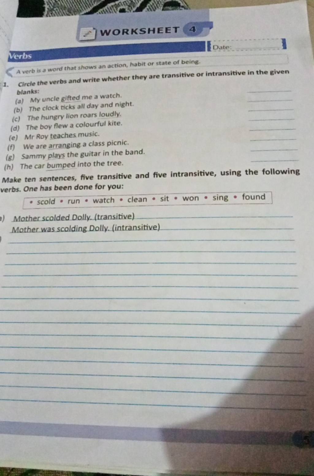 2] WORKSHEET 4 Date Verbs A verb is a word that shows an action, habit o..