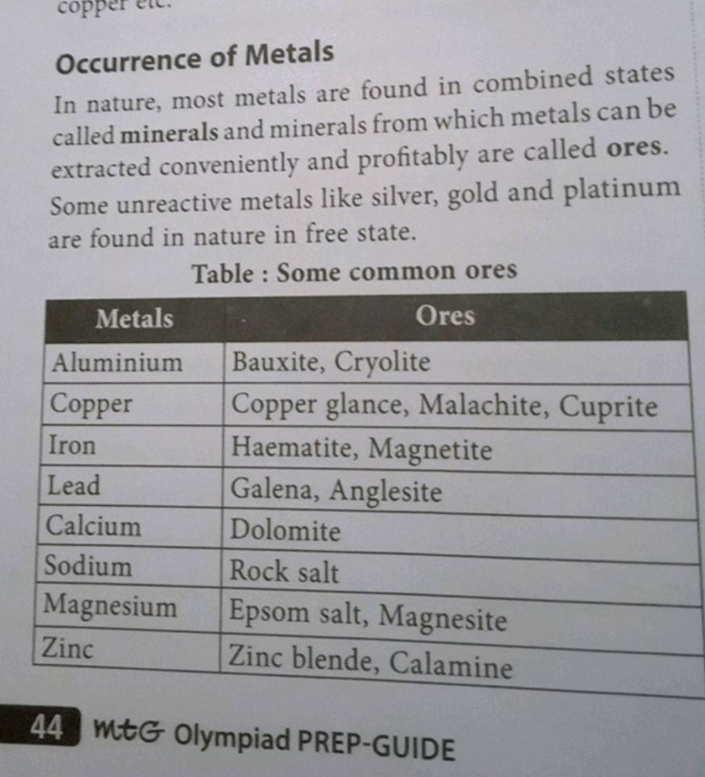 Occurrence of Metals In nature, most metals are found in combined states