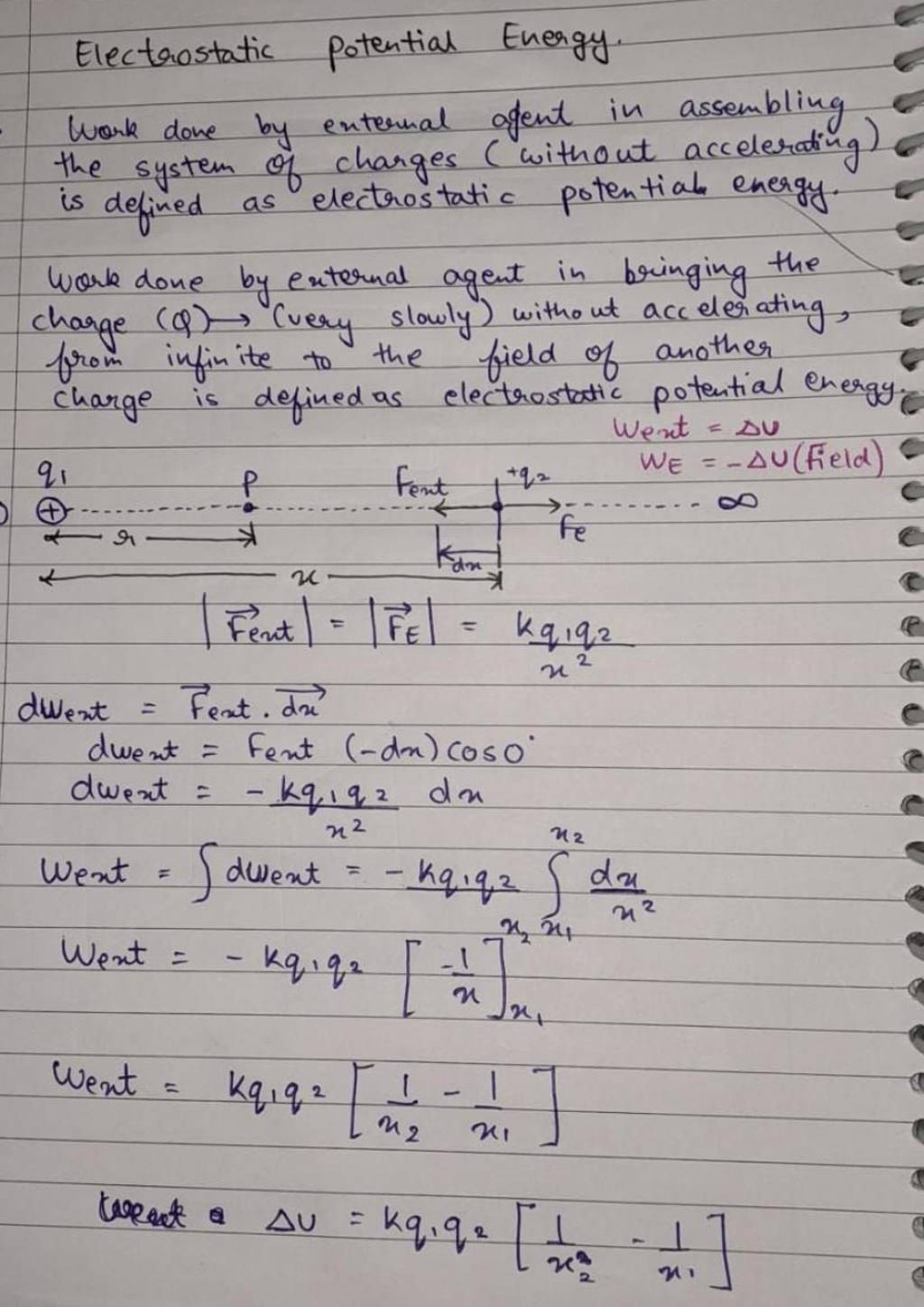 Electrostatic potential Energy. Work dove by extermal afent in assembling..