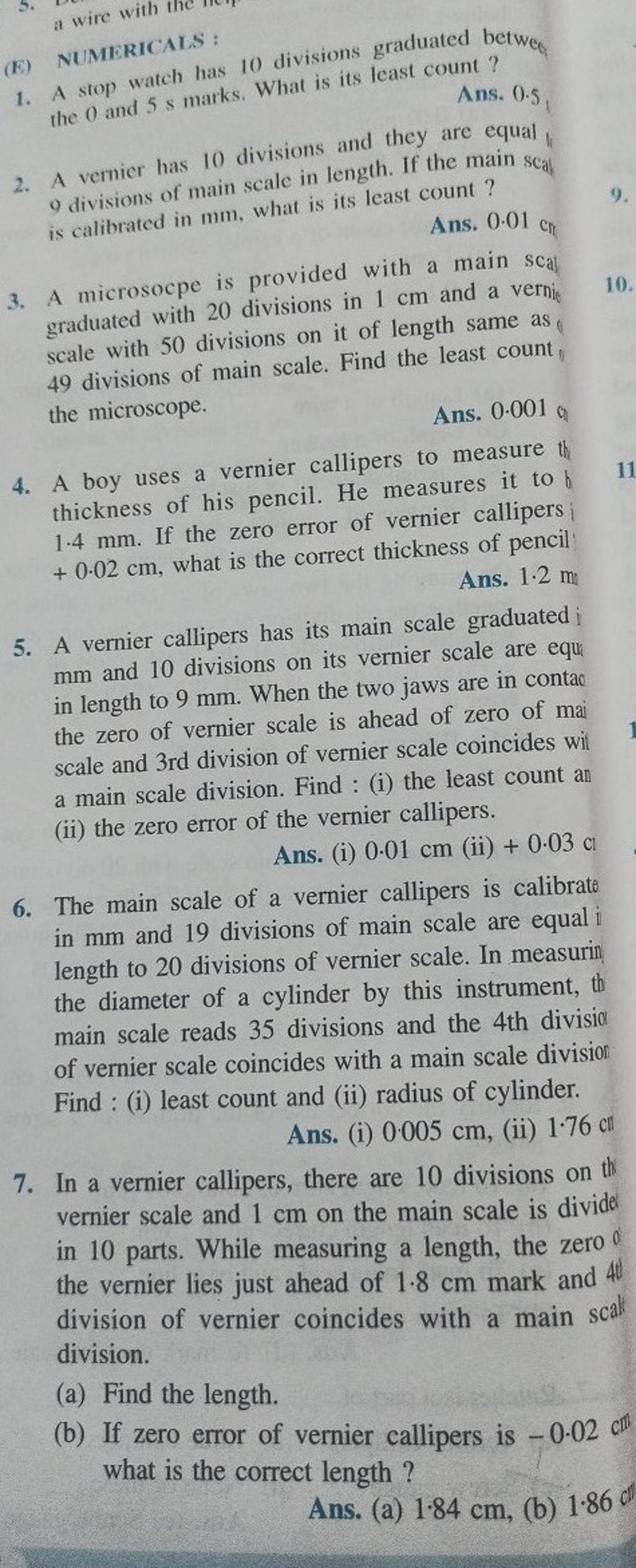 (E) NUMERICAIS 1. A stop watch has 10 divisions graduated betweo the 0 a..