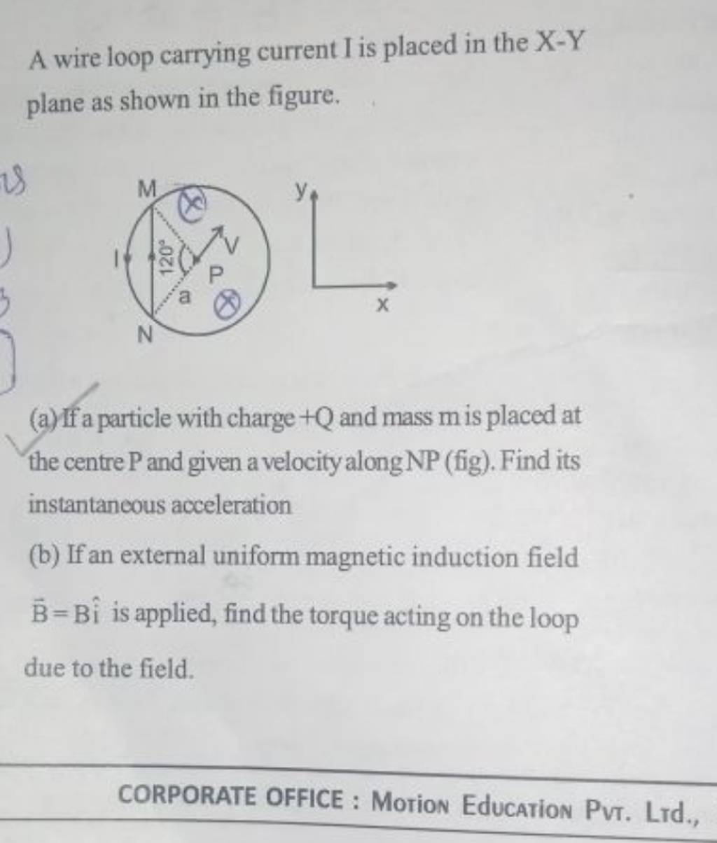 A wire loop carrying current I is placed in the X−Y plane as shown in the..