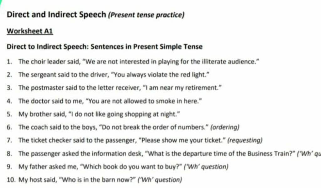 direct and indirect speech exercises present tense