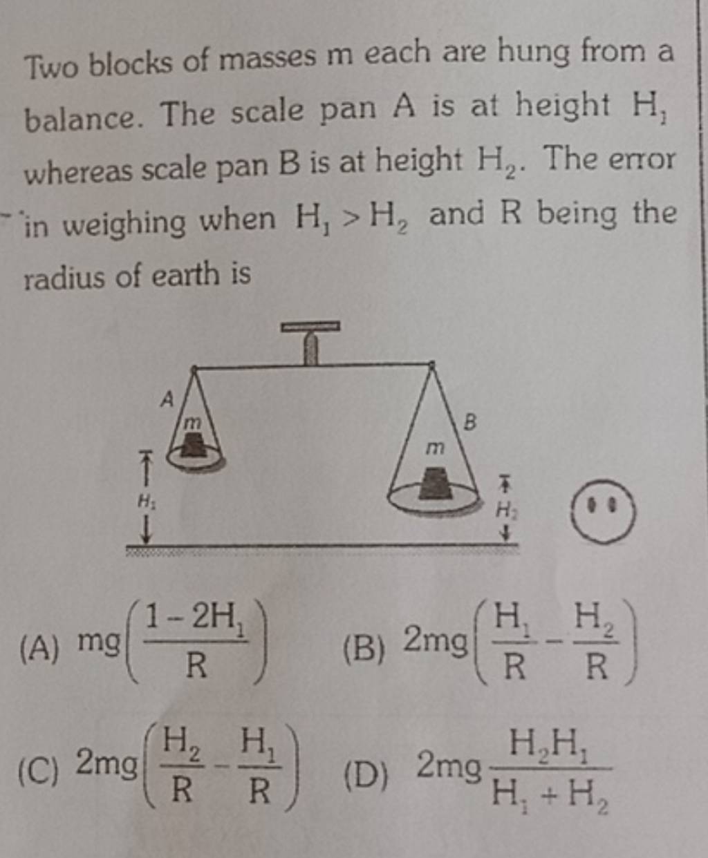 Two blocks of masses m each are hung from a balance. The scale pan A is a..
