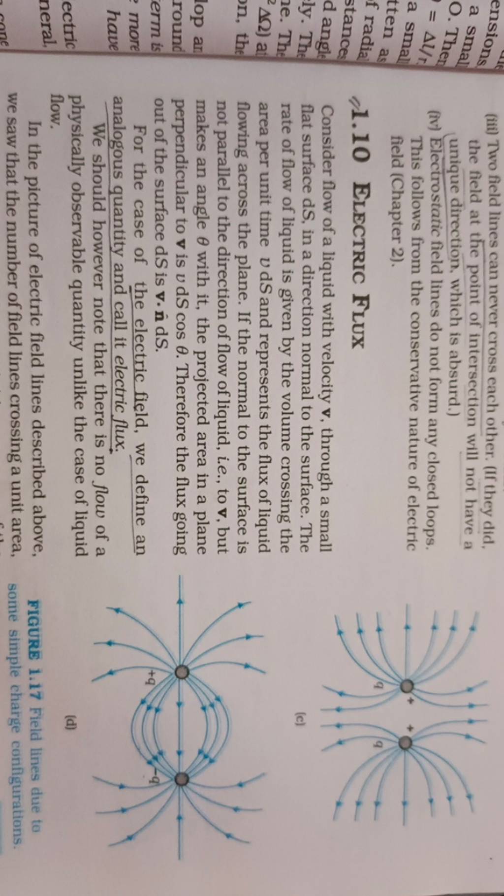 (iii) Two field lines can never cross each other. (If they did, the field..